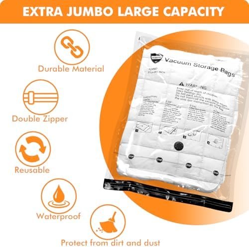 12 Pack Vacuum Storage Bags (3 x Jumbo, 3 x Large, 3 x Medium, 3 x Small), Space Saver Sealer Compression Bags with Travel Hand Pump for Blankets, Comforters, Pillows, Clothes Storage - Image 2