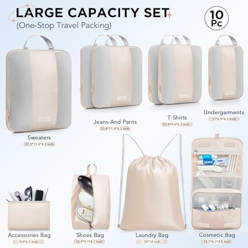 10 Set Compression Packing Cubes for Travel Essentials,Compressible Expandable Packing Cubes for Suitcase,Luggage Organizer Bags for Travel,Handy Helper for Organizing Clothes(Beige) - Image 2