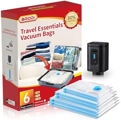 BRODI 6 Combo Pack Travel Vacuum Bags with Pump - Space Saver & Travel Essentials, Clothing & Luggage Vacuum Seal Bags