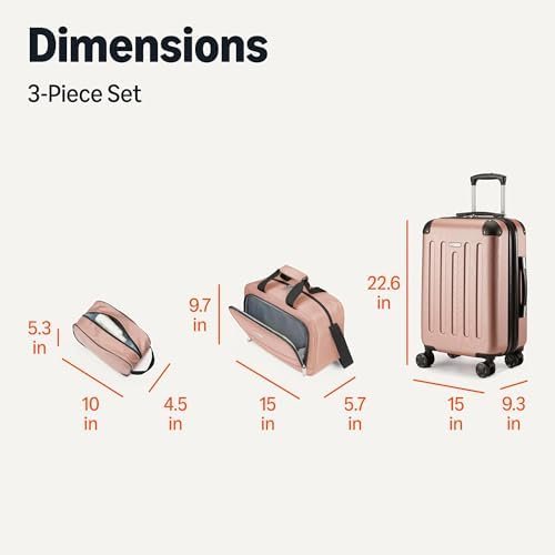 Amazon Basics 3-Piece Luggage Set, Including One Carry-On Luggage (22" Expandable Hardside Suitcase With 8 Spinner Wheels), One 15" Tote Bag, and One 10" Compact Travel Bag, Rose Gold - Image 7