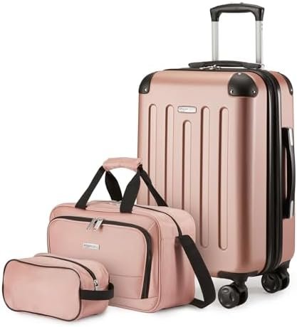 Amazon Basics 3-Piece Luggage Set, Including One Carry-On Luggage (22" Expandable Hardside Suitcase With 8 Spinner Wheels), One 15" Tote Bag, and One 10" Compact Travel Bag, Rose Gold