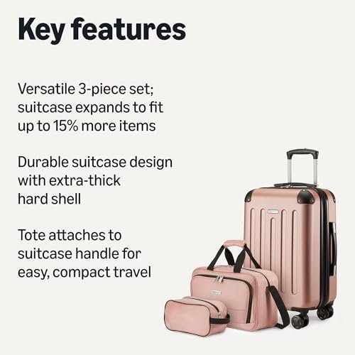 Amazon Basics 3-Piece Luggage Set, Including One Carry-On Luggage (22" Expandable Hardside Suitcase With 8 Spinner Wheels), One 15" Tote Bag, and One 10" Compact Travel Bag, Rose Gold - Image 2