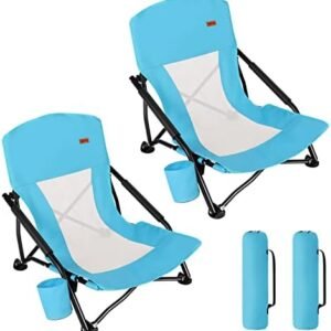 TOBTOS Low Beach Chair, Beach Chairs for Adults 2 Pack, Low Profile Folding Chair with Cup Holder & Carry Bag, Heavy Duty Chair for Outdoor Sand, Camping, Concert, Travel