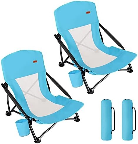TOBTOS Low Beach Chair, Beach Chairs for Adults 2 Pack, Low Profile Folding Chair with Cup Holder & Carry Bag, Heavy Duty Chair for Outdoor Sand, Camping, Concert, Travel