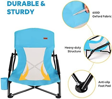 TOBTOS Low Beach Chair, Beach Chairs for Adults 2 Pack, Low Profile Folding Chair with Cup Holder & Carry Bag, Heavy Duty Chair for Outdoor Sand, Camping, Concert, Travel - Image 4