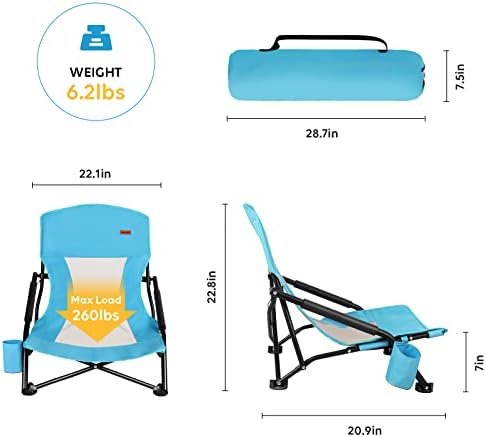 TOBTOS Low Beach Chair, Beach Chairs for Adults 2 Pack, Low Profile Folding Chair with Cup Holder & Carry Bag, Heavy Duty Chair for Outdoor Sand, Camping, Concert, Travel - Image 3