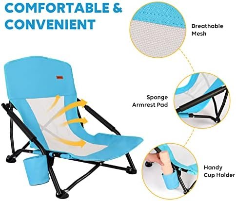 TOBTOS Low Beach Chair, Beach Chairs for Adults 2 Pack, Low Profile Folding Chair with Cup Holder & Carry Bag, Heavy Duty Chair for Outdoor Sand, Camping, Concert, Travel - Image 5