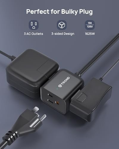 TROND 360° Rotating Flat Plug Extension Cord 10ft, Low Profile Small Power Strip, 3 Side Grounded Outlet, 13A, SPT 16/3 Gauge Cable for Indoor Home Office Kitchen Cruise Travel Essentials, Black - Image 3
