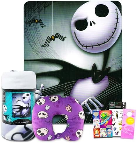 Disney The Nightmare Before Christmas Neck Pillow and Blanket Set - Bundle with The Nightmare Before Christmas Neck Pillow, Fleece Blanket, Stickers, Create a Face, & More | Disney Travel Accessories