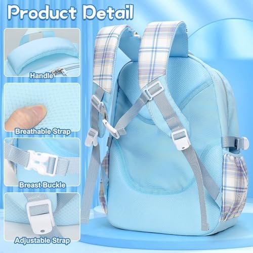 Backpack for Girls with 14Pcs Accessories - Anime Schoolbag Cartoon Backpack Laptop Bookbags Anti-Theft Travel Aesthetic New Semester Gifts Bag with Pins,ID Badge Holder,Stationery - Blue - Image 3