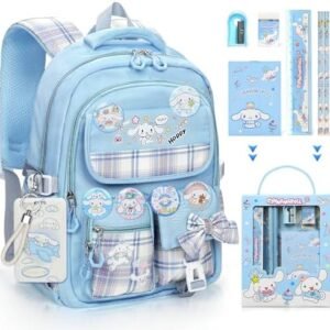 Backpack for Girls with 14Pcs Accessories - Anime Schoolbag Cartoon Backpack Laptop Bookbags Anti-Theft Travel Aesthetic New Semester Gifts Bag with Pins,ID Badge Holder,Stationery - Blue