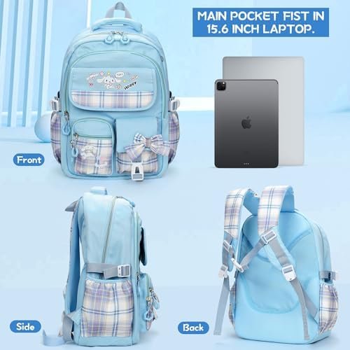 Backpack for Girls with 14Pcs Accessories - Anime Schoolbag Cartoon Backpack Laptop Bookbags Anti-Theft Travel Aesthetic New Semester Gifts Bag with Pins,ID Badge Holder,Stationery - Blue - Image 5