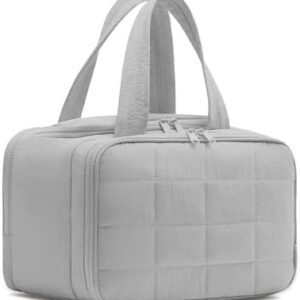 Travel Toiletry Bag, Makeup Bag Puffy Wide-open Quilted Bag for Women, Lightweight Cosmetic Bag Organizer with Handle for Traveling, Accessories, Essentials Toiletries Grey