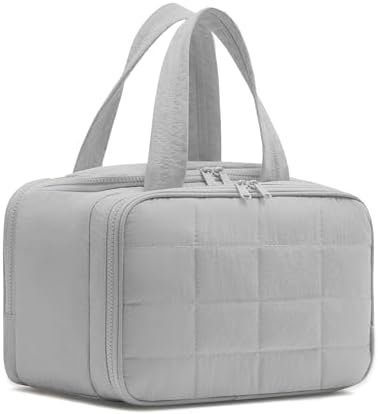 Travel Toiletry Bag, Makeup Bag Puffy Wide-open Quilted Bag for Women, Lightweight Cosmetic Bag Organizer with Handle for Traveling, Accessories, Essentials Toiletries Grey