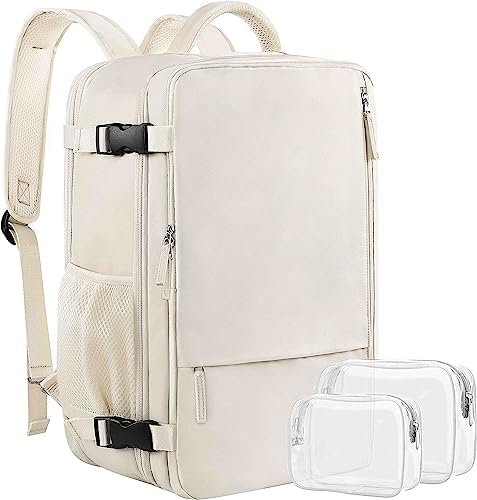 Travel Backpack for Women, Expandable 40L Carry on Flight Approved Backpack, 17 Inch Laptop Waterproof Travel Bag for College, Travel, Work, Beige