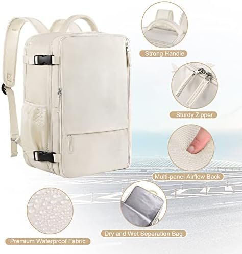 Travel Backpack for Women, Expandable 40L Carry on Flight Approved Backpack, 17 Inch Laptop Waterproof Travel Bag for College, Travel, Work, Beige - Image 4