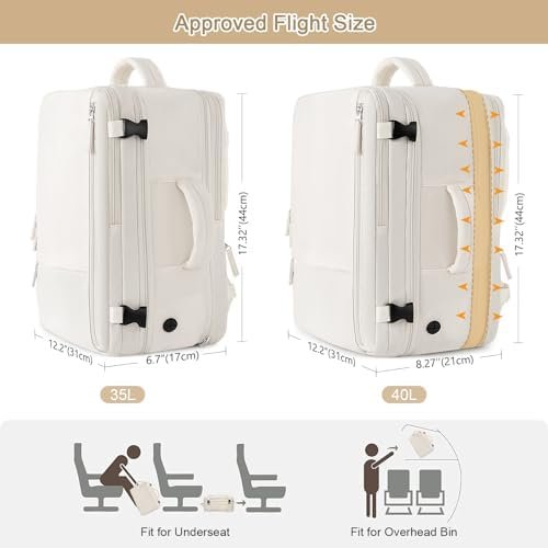 Travel Backpack for Women, Expandable 40L Carry on Flight Approved Backpack, 17 Inch Laptop Waterproof Travel Bag for College, Travel, Work, Beige - Image 2