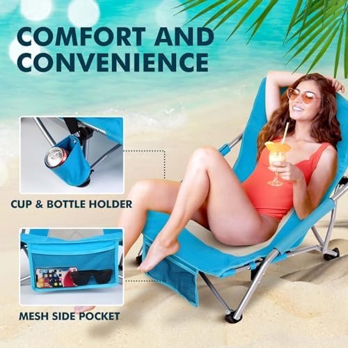 AKSOUL Folding Beach Chair for Adults: Low/High Back Chairs with Carry Bag - Extra Wide Seat Chair with Comfortable Pillow & Storage Pocket (1 Pack & 2 Pack, Blue) - Image 5