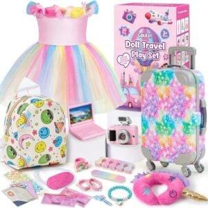 Golray American 18 Inch Doll Suitcase Travel Set - 18 Toy Doll Accessories and Clothes with Luggage & Rainbow Dress & Backpack & Pillow & Sunglasses & Camera, Christmas Birthday Gift Girls Aged 3-8
