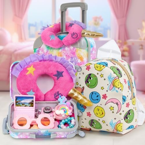 Golray American 18 Inch Doll Suitcase Travel Set - 18 Toy Doll Accessories and Clothes with Luggage & Rainbow Dress & Backpack & Pillow & Sunglasses & Camera, Christmas Birthday Gift Girls Aged 3-8 - Image 6