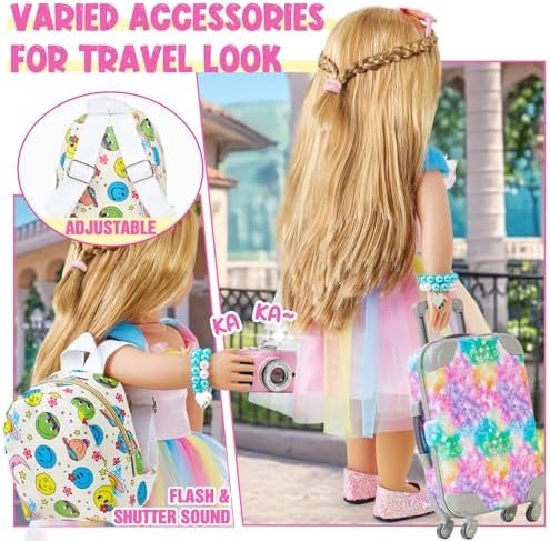 Golray American 18 Inch Doll Suitcase Travel Set - 18 Toy Doll Accessories and Clothes with Luggage & Rainbow Dress & Backpack & Pillow & Sunglasses & Camera, Christmas Birthday Gift Girls Aged 3-8 - Image 3
