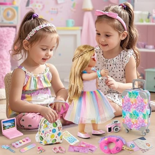 Golray American 18 Inch Doll Suitcase Travel Set - 18 Toy Doll Accessories and Clothes with Luggage & Rainbow Dress & Backpack & Pillow & Sunglasses & Camera, Christmas Birthday Gift Girls Aged 3-8 - Image 7