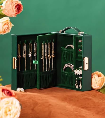 Jewelry Box Travel for Women: Multi Compartments for Ring Earrings Necklaces - Large Traveling Organizer Case (Dark Green) - Image 2