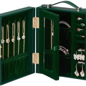 Jewelry Box Travel for Women: Multi Compartments for Ring Earrings Necklaces - Large Traveling Organizer Case (Dark Green)