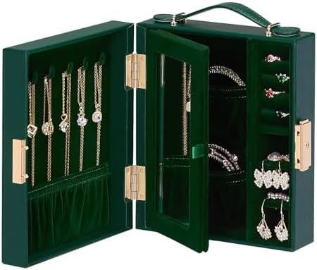Jewelry Box Travel for Women: Multi Compartments for Ring Earrings Necklaces - Large Traveling Organizer Case (Dark Green)