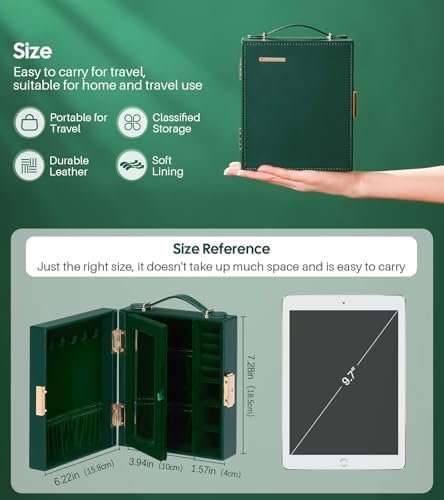 Jewelry Box Travel for Women: Multi Compartments for Ring Earrings Necklaces - Large Traveling Organizer Case (Dark Green) - Image 6