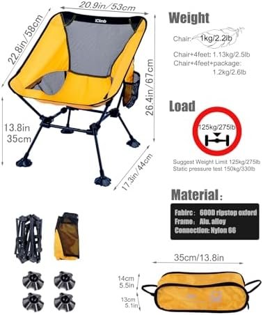 iClimb Ultralight Compact Camping Folding Beach Chair with Anti-Sinking Large Feet and Back Support Webbing (Yellow - Square Frame) - Image 3