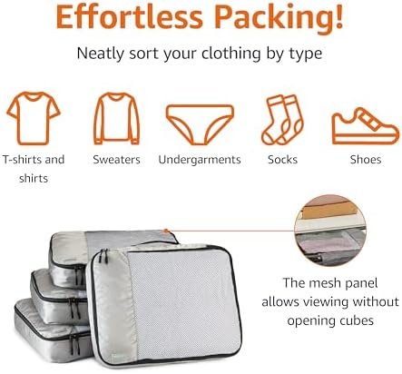 Amazon Basics 4 Piece Packing Travel Luggage Organizer Cubes Set, Zipper, Large, Gray - Image 2