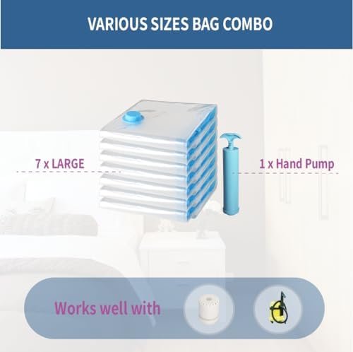 7 Pack Large Space Saver Vacuum Storage Bags, Vacuum Seal Bags for Clothing Travel, Vacuum Sealed Compression Bags for Clothes, Packing, Luggage, Blankets, Comforters and Pillows, Hand Pump Included - Image 4