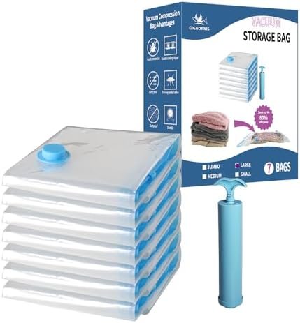 7 Pack Large Space Saver Vacuum Storage Bags, Vacuum Seal Bags for Clothing Travel, Vacuum Sealed Compression Bags for Clothes, Packing, Luggage, Blankets, Comforters and Pillows, Hand Pump Included