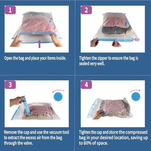 7 Pack Large Space Saver Vacuum Storage Bags, Vacuum Seal Bags for Clothing Travel, Vacuum Sealed Compression Bags for Clothes, Packing, Luggage, Blankets, Comforters and Pillows, Hand Pump Included - Image 6