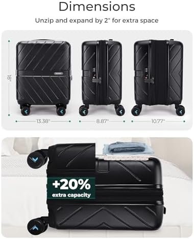 BAGSMART Underseat Carry On luggage Airline approved, 16-inch Hardsiade Underseater Travel Suitcase with Spinner Wheels Lightweight Overnight Bag Small Rolling Carry-on for Women Men Weekender,Black - Image 4