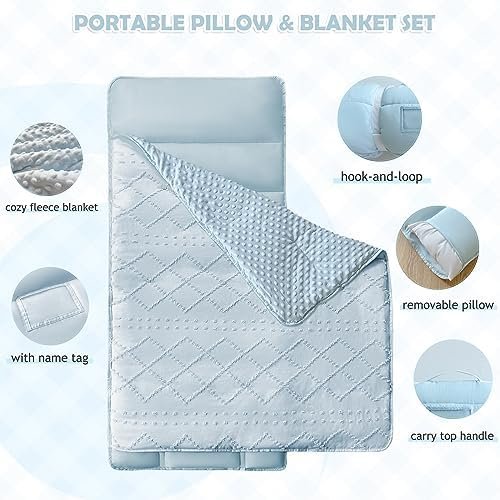 Toddler Nap Mat for Daycare Preschool Girls Boho Tufted Geometric Kids Sleeping Mat Pad Toddler Bedding Set Portable Baby Sleeping Bag with Pillow and Blanket for Travel Camping Outdoor - Image 2