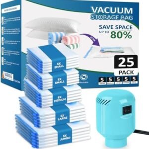 Large Vacuum Storage Bags with Electric Pump 25Pack(5 Jumbo/5 Large/5 Medium/5 Small/5 Roll Up Bags) Vacuum Seal Bags For Clothing Travel Packing,Blanket,Duvets,Pillows,Comforters