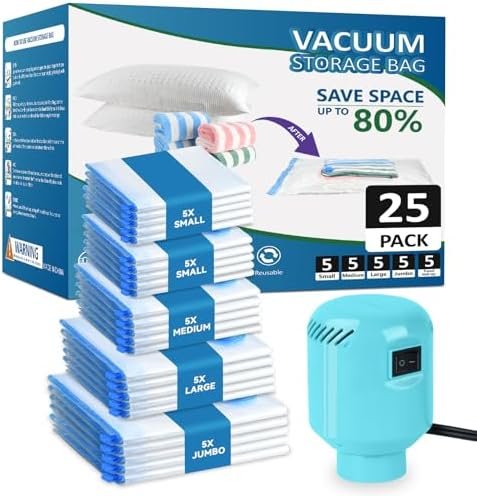 Large Vacuum Storage Bags with Electric Pump 25Pack(5 Jumbo/5 Large/5 Medium/5 Small/5 Roll Up Bags) Vacuum Seal Bags For Clothing Travel Packing,Blanket,Duvets,Pillows,Comforters