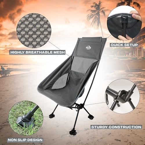 Peak Outdoors Backpacking Chair Lightweight Camping Chair – High Back Ultralight Folding Camp Chair with Storage Bag, Compact Portable Tall Hiking Chair and Beach Chair (Grey) - Image 3