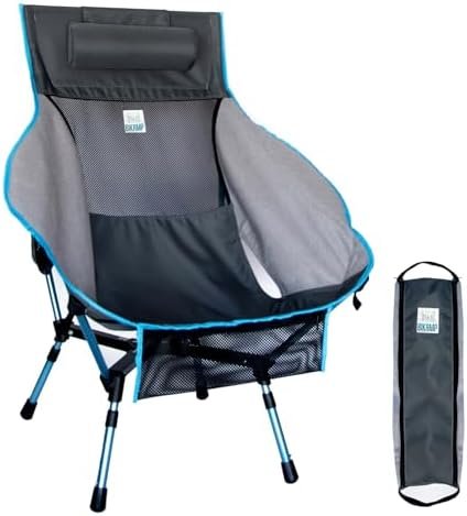 Portable Camping Chair with Adjustable Height, High Back, Pillow, and Side Pocket - Ultralight Foldable Chair for Beach, Backpacking, and Outdoor Adventures