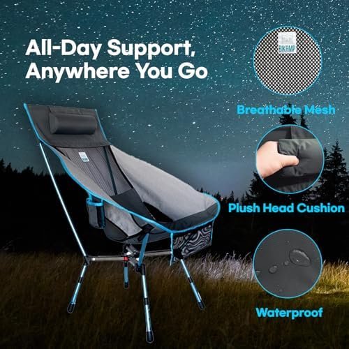 Portable Camping Chair with Adjustable Height, High Back, Pillow, and Side Pocket - Ultralight Foldable Chair for Beach, Backpacking, and Outdoor Adventures - Image 4
