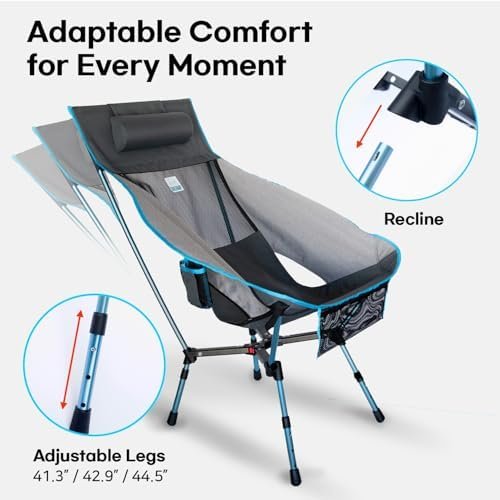 Portable Camping Chair with Adjustable Height, High Back, Pillow, and Side Pocket - Ultralight Foldable Chair for Beach, Backpacking, and Outdoor Adventures - Image 3