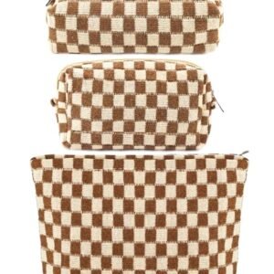 ZLFSRQ 3Pcs Checkered Makeup Bag for Women Large Cosmetic Bag Set Travel Toiletry Bag Makeup Pouch Bag for Purse Brown Zipper Storage Bag Organizer Cute Small Aesthetic Girls Car Essentials Bag