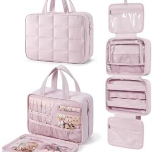BAGSMART Travel Toiletry Bag with Jewelry Organizer, Hanging Travel Bag for Toiletries, Puffy Makeup Cosmetic Bag Organizer, Carry-on Travel Accessories Essentials, Pink-L