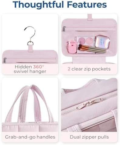 BAGSMART Travel Toiletry Bag with Jewelry Organizer, Hanging Travel Bag for Toiletries, Puffy Makeup Cosmetic Bag Organizer, Carry-on Travel Accessories Essentials, Pink-L - Image 5