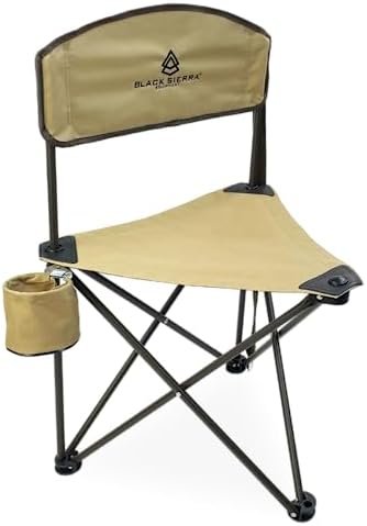 Black Sierra Elevation Tri-Pod Stool with Backrest, Lightweight, Folding Chair, for Camping, Hunting, and Fishing, Steel Frame Supports 225 LBS