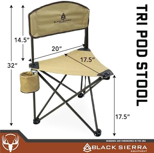 Black Sierra Elevation Tri-Pod Stool with Backrest, Lightweight, Folding Chair, for Camping, Hunting, and Fishing, Steel Frame Supports 225 LBS - Image 3