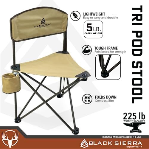 Black Sierra Elevation Tri-Pod Stool with Backrest, Lightweight, Folding Chair, for Camping, Hunting, and Fishing, Steel Frame Supports 225 LBS - Image 5
