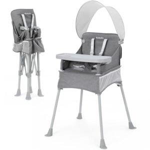 Ezebaby Baby Portable High Chair with Sun Canopy, Foldable High Chairs for Babies and Toddlers with Detachable Tray and 5-Point Harness, Travel High Chair for Indoor and Outdoor Use, Gray